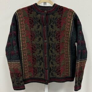 Vintage Cherry Lewis England Wool Jacquard Heritage Cardigan Sweater Olive Med